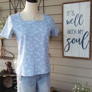 LIZ CLAIBORNE ♡ Sweet Vintage Blue|White Floral Box Pattern Short Sleeve Top SP